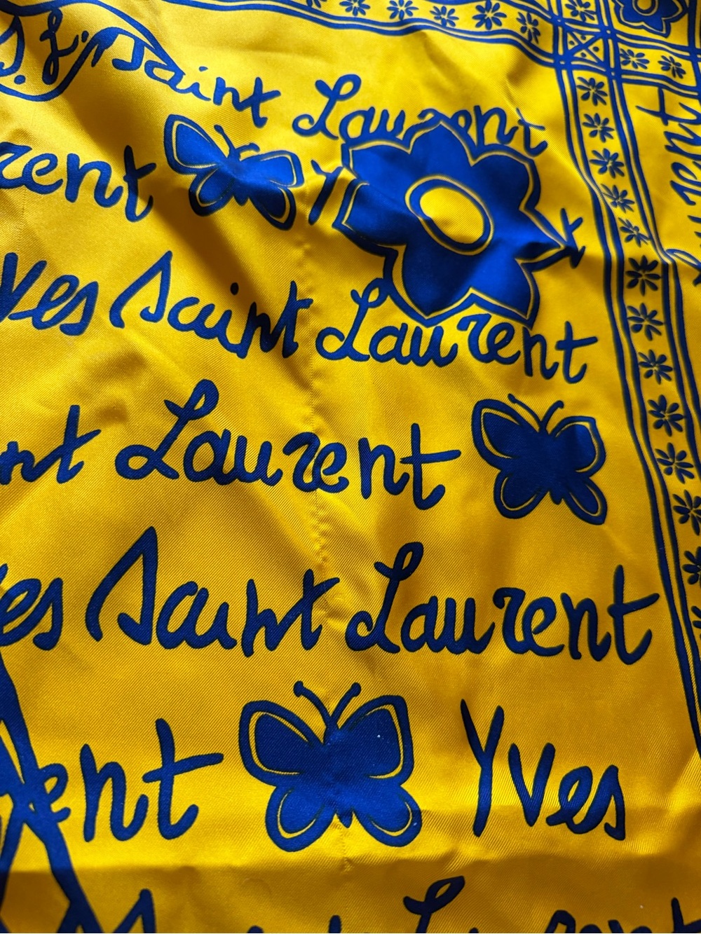 Vintage Yves Saint Laurent Silk Scarf Yellow and Cobalt sailboat heart butterfly - Picture 3 of 7